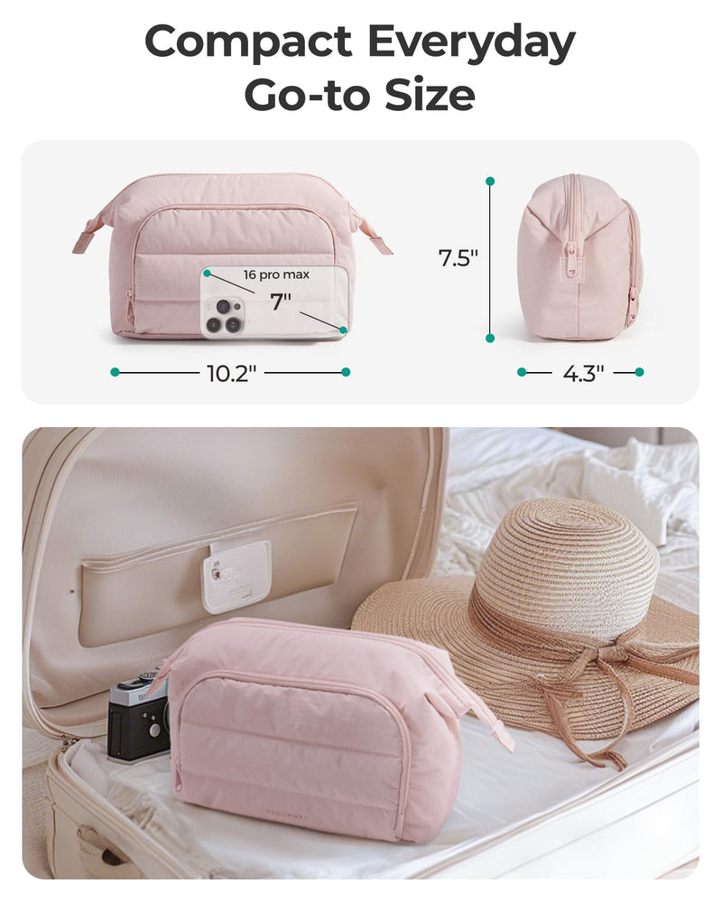 BAGSMART Travel Makeup Bag, Cosmetic Bag Small Make Up Organizer Case,Wide-open Pouch for Women Purse for Toiletries Accessories Brushes,Large Beige