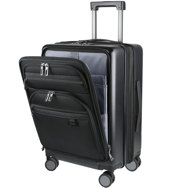 KROSER Hardside Expandable Carry On Luggage 22x14x9 Airline Approved With Front Business Pockets, 20 Inch Suitcases with Wheels, Carry on Suitcase with TSA Lock & USB Port, Black