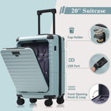 Merax Luggage Sets 3 Piece Front Opening, Hardside Lightweight Carry on Suitcase with Cup Holder USB Port,Durable Expandable Luggage with Bags Spinner Wheels and TSA Lock,Light Blue