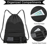 seyfocnia Drawstring Backpack Tactical String Bag with Zipper Pockets Waterproof Cinch Bag Sport Gym Sackpack - Black