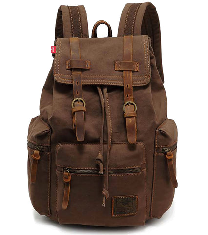 HuaChen Vintage Canvas Travel Backpack with Leather Trim, Laptop Padded Sleeve, Hidden Back Security Pocket, Fits 14-Inch, M32 Coffee