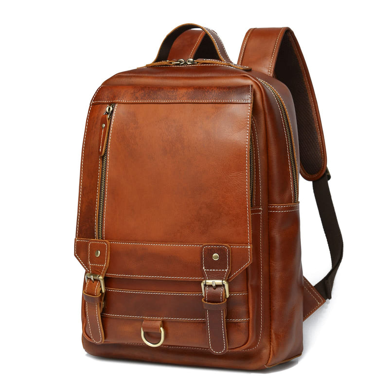 LANNSYNE Vintage Genuine Leather Backpack For Men Fits up to 15" Laptop Travel Hiking Rucksack