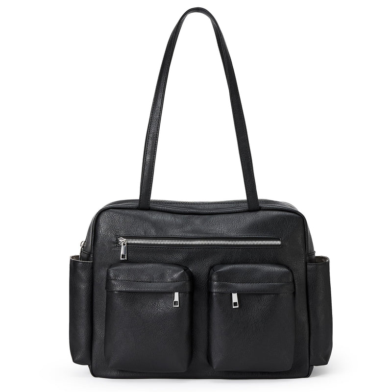 KALIDI Tote Bag Vegan Leather Women Pocket Utility Bag Faux Leather Shoulder Travel Purse Vintage Handbag for Work Dating College, Black