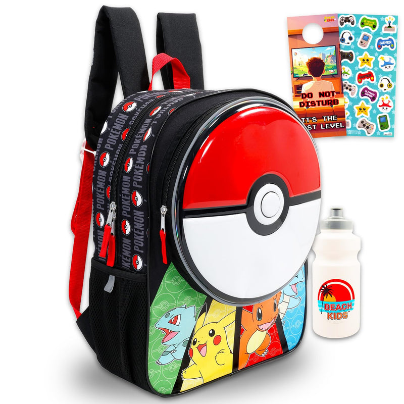 Pokemon Backpack for Kids - Bundle with 16" Pokeball Backpack Featuring Pikachu, Bulbasaur, Charmander, Squirtle Plus Water Bottle, Stickers, More | Pokemon School Bag for Boys
