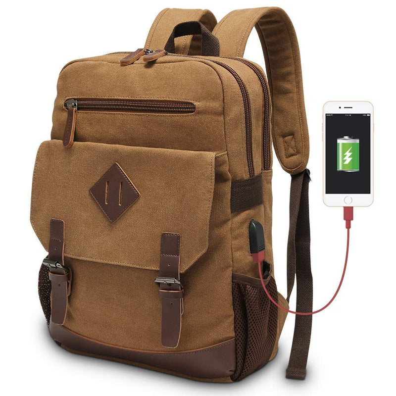 Modoker Eco-Friendly Canvas Backpack for Men Women, Vintage Rucksack Fits Most 15.6 Inch Laptop, Bookbag with USB Charging Port, Brown