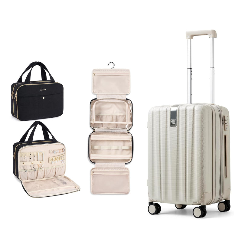 Hanke 20 Inch Expandable Carry on Luggage 22x14x9 Airline Approved Lightweight PC Hard Shell Suitcases and Hanging Travel Toiletry Bag for Women with Jewelry Organizer Compartment, Travel Essentials