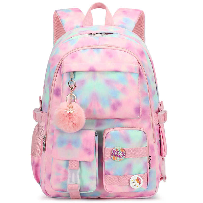 Hidds Laptop Backpacks 15.6 Inch College Backpack Elementary Middle High School Book Bag Kids Cute Bookbags Anti Theft Travel Back Pack Casual Daypack for Teens Girls Women Students (Tie-Dye Pink)