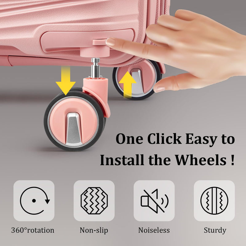 TRAVELEO 4 Piece Luggage Set PP Hardshell, Expandable Suitcase Set (20/24/28) with 14" Cosmetic Case, Lightweight Spinner Wheels with TSA Lock, Detachable Wheels for Nesting Storage (Pink)