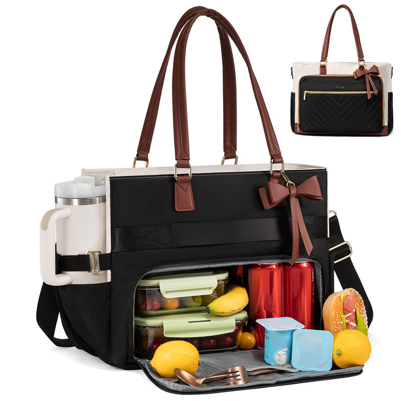 LOVEVOOK Lunch Bag, Tote Bag for Women with Insulated Lunch Compartment, Laptop Bag with Large Capacity & Cup Holder, Work Tote for Teacher, Nurse, Travel, College, Daily, Black-Beige-Brown, 15.6 Inch