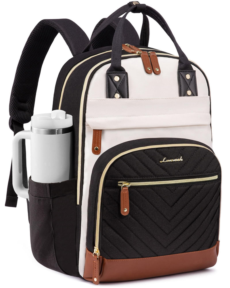 LOVEVOOK Laptop Backpack for Women with Giant Tumbler Holder Pocket,15.6 inch School College Book Bag Nurse Teacher Backpack,Waterproof Work Travel Backpack Purse Laptop Computer Bag,Beige-Black-Brown