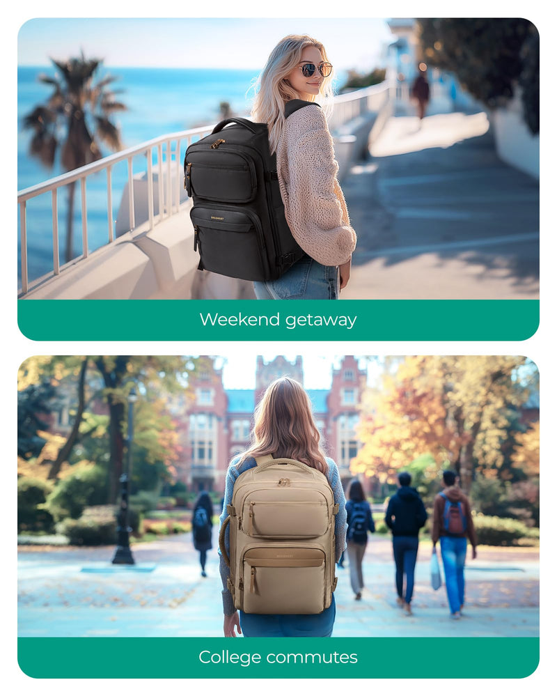 BAGSMART Womens Backpack Carry On Flight Approved, Travel Backpack for Women with Waist Bag,Traveling Lightweight Weekender Casual Daypack 17.3" Laptop Work Back pack Personal Item Bag,Champagne