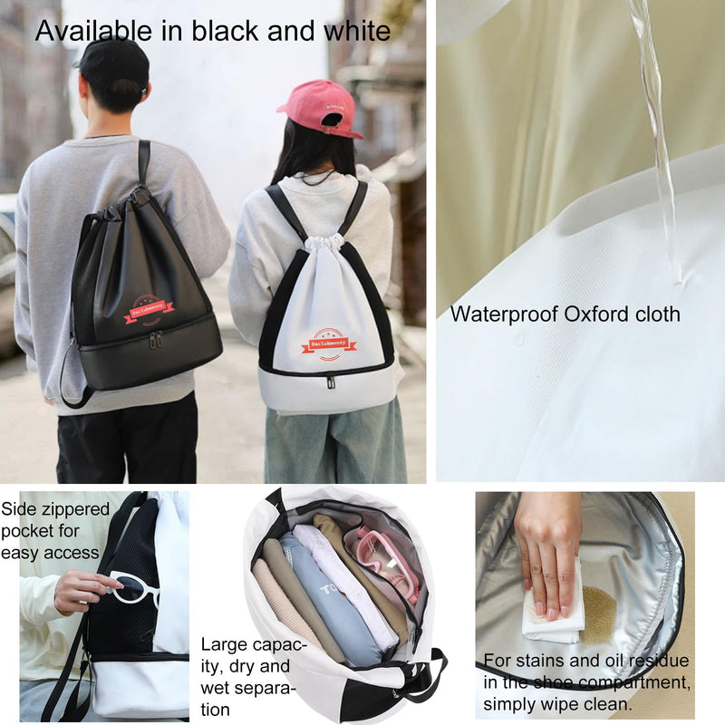 Daclubmenxy Drawstring Backpack with Shoe Compartment - Large Waterproof Gym Bag for Women, Sports Swim Basketball Workout Gear Storage, White