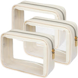 PACKISM Clear Makeup Bag 3 Pack Medium - Foldable TSA Approved Toiletry Bag Quart Size for Travel Bottles, Water Resistant Multipurpose Car Storage Organizer with Reinforced Seams, Beige