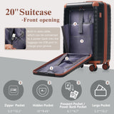 Merax 5 Piece Luggage Set Front Opening Expandable Hardside Carry On Suitcase with Double Spinner Wheels TSA Lock USB Port and Cup Holder,20" 24" 28"(Black Brown)