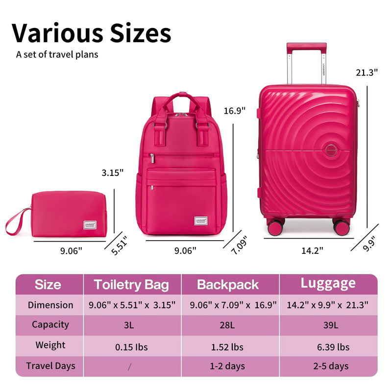LARVENDER Carry On Luggage Set 22x14x9 Airline Approved, Expandable 20 Inch Carry-On Suitcases With Wheels, Lightweight Luggage Sets 3 Pieces With Backpack, Rose Red