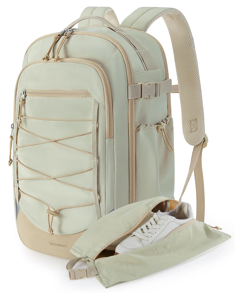 BAGSMART Carry On Travel Backpack, 17 Inch Large Travel backpack Carry On Flight Approved, Anti-theft Personal Item Backpack Travel Bag With Shoe Bag, 30L Water Resistant Casual Daypack, Beige