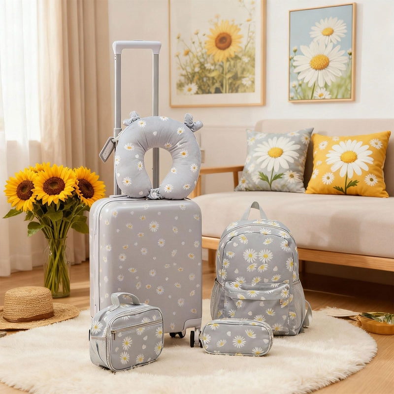 Redbaker 17 Inch 6 Pcs Kids Luggage Set Kids Rolling Luggage Double Pattern Suitcase for Boys Girls (Grey, Daisy Style)