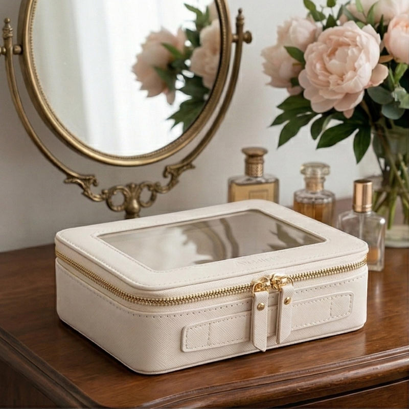 Aveniee Clear Makeup Bag Organizer, Travel Toiletry Bag Cosmetic Case for Women, Portable Make Up Skincare Pouch Car Organizer Bag with Zippers for Essentials,White