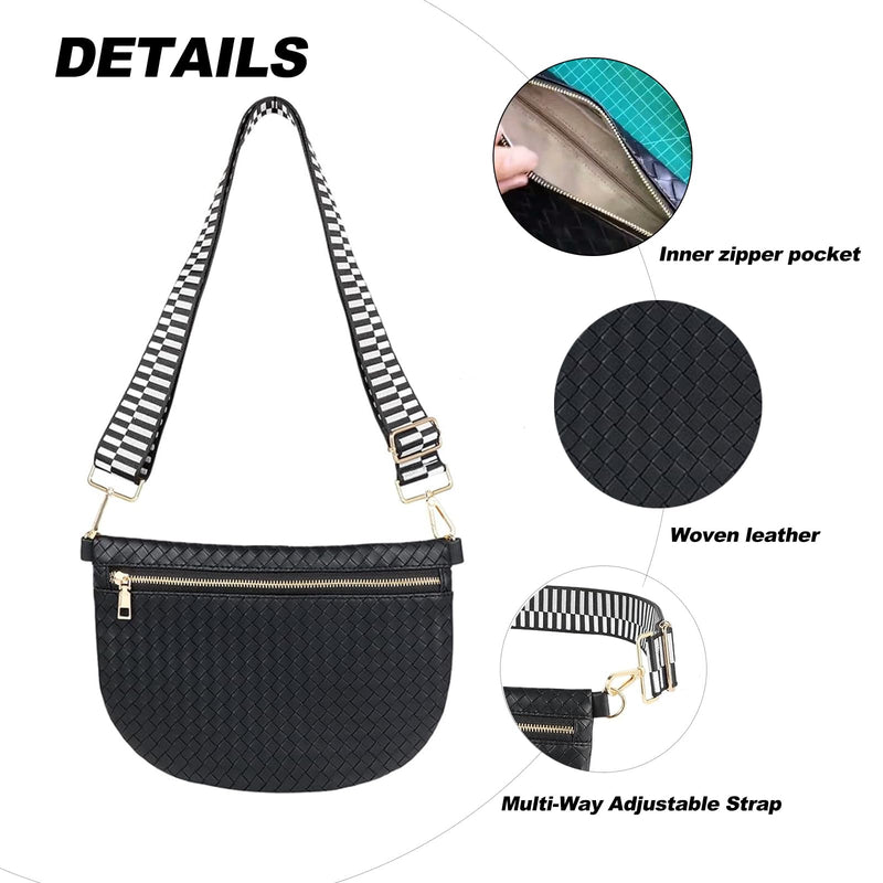 Eliaukly Woven Belt Bag for Women - Black Leather Crossbody Fanny Pack with Adjustable Strap,Fashion Bum Bag Sling Purse,Versatile Waist Pack for Daily & Travel(B-Black)