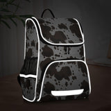 ZAZYXTJ Western Cow Print School Kids Backpack with Reflective Strip for Girls and Boys 6-12 Elementary Student Bookbag Middle School Bags