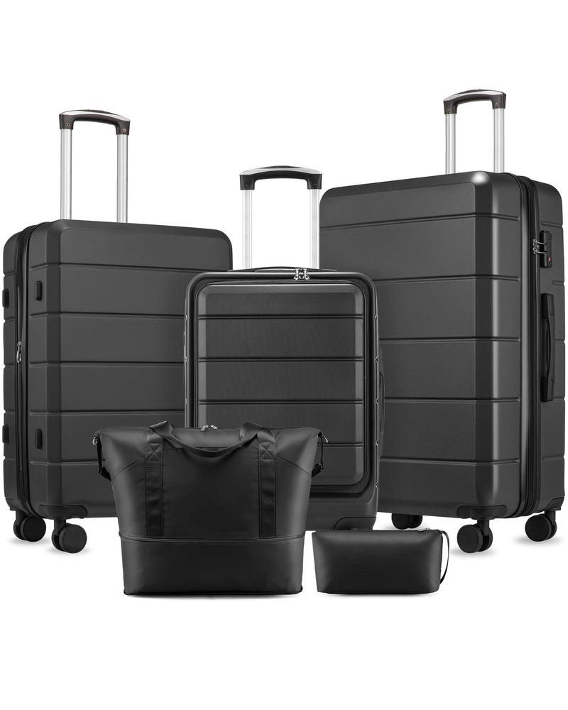 Luggage Sets 5 Piece, H1F Hardside Suitcase With Wheels - Spinner Wheels, TSA Lock, Includes Tote Bag（FX-Lite,Black,5 Piece Sets）