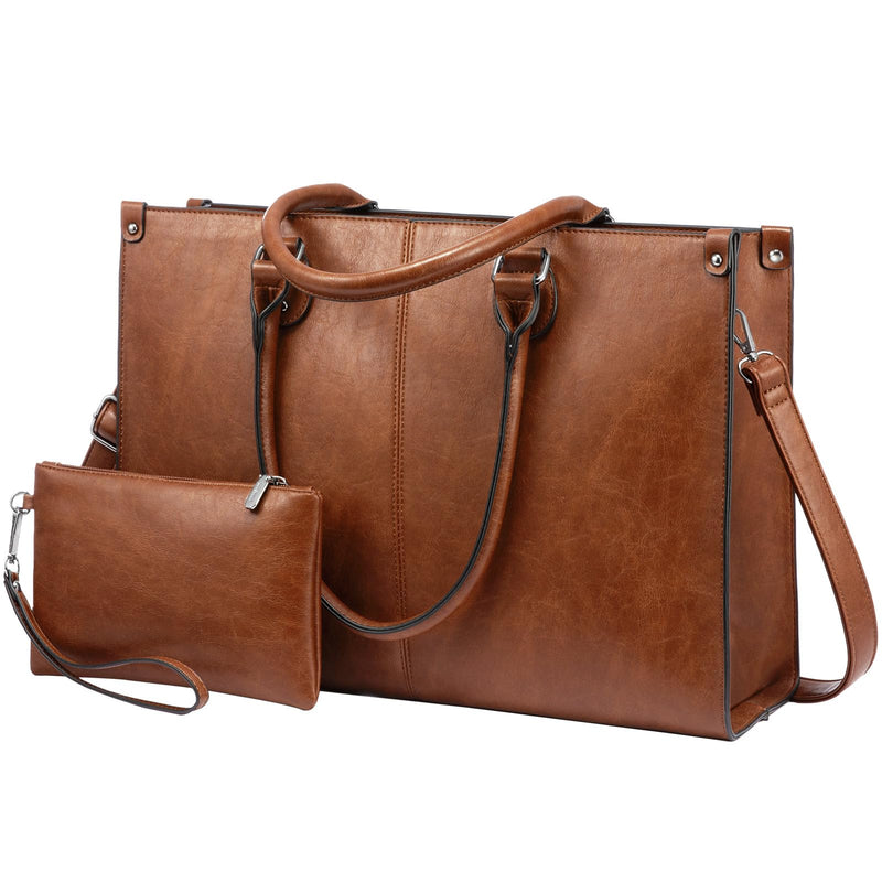LOVEVOOK Laptop Tote Bag for Women, 15.6 Inch Large Capacity Vintage Leather Work Computer Bag, Business Casual Shoulder Handbag, Dark Brown