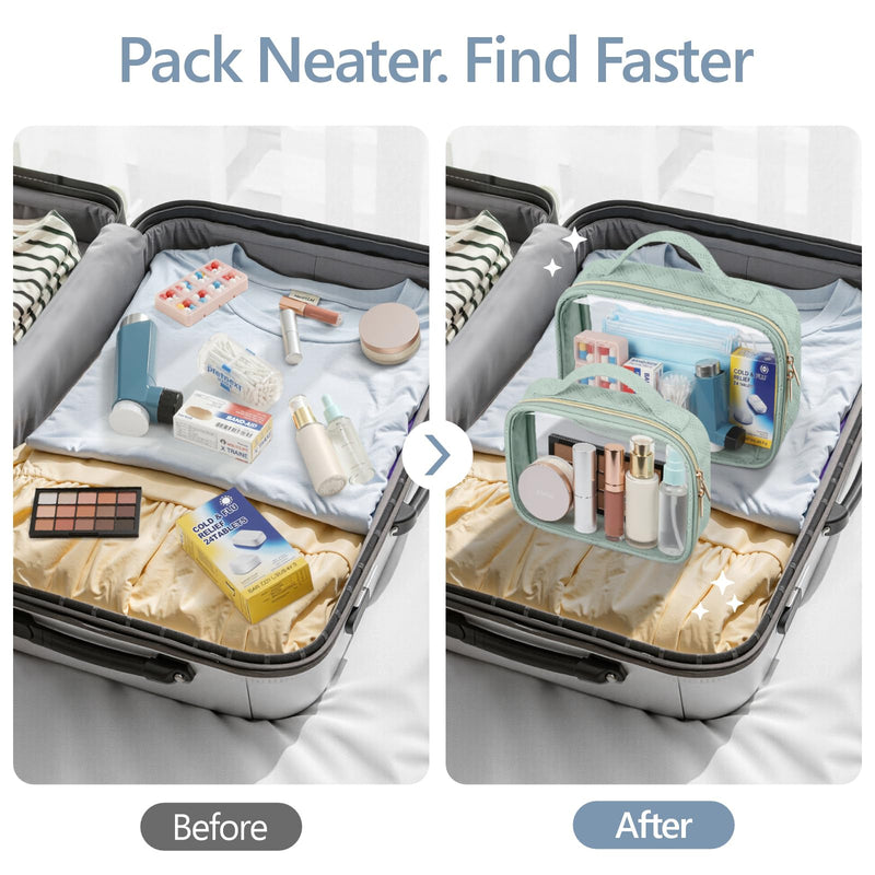 PACKISM TSA Approved Toiletry Bag Combo Pack, 1 Clear Makeup Bag Medium & Large for Checked Luggage, Clear Travel Bag with Handle, Water-resistant Travel Essentials Organizer, Laurel Green