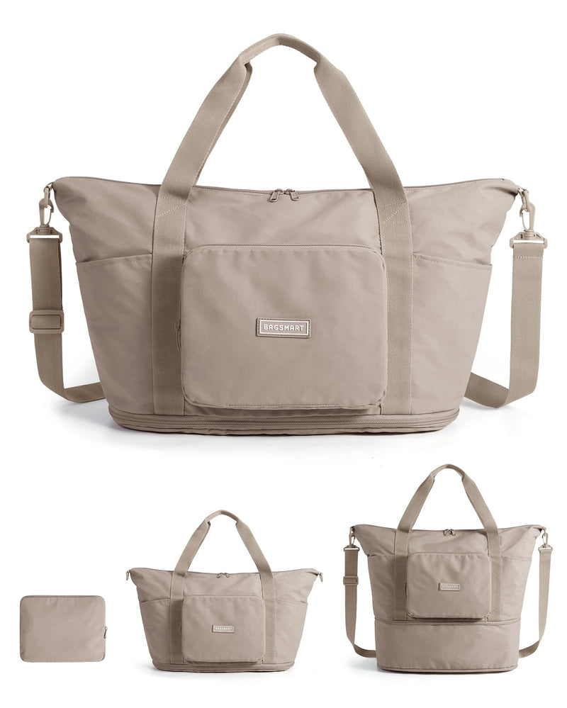 BAGSMART Foldable Travel Bag, 37L Duffle Bag for Travel, Expendable Carry on Weekender Duffel, Lightweight Personal Item Bag, Camel