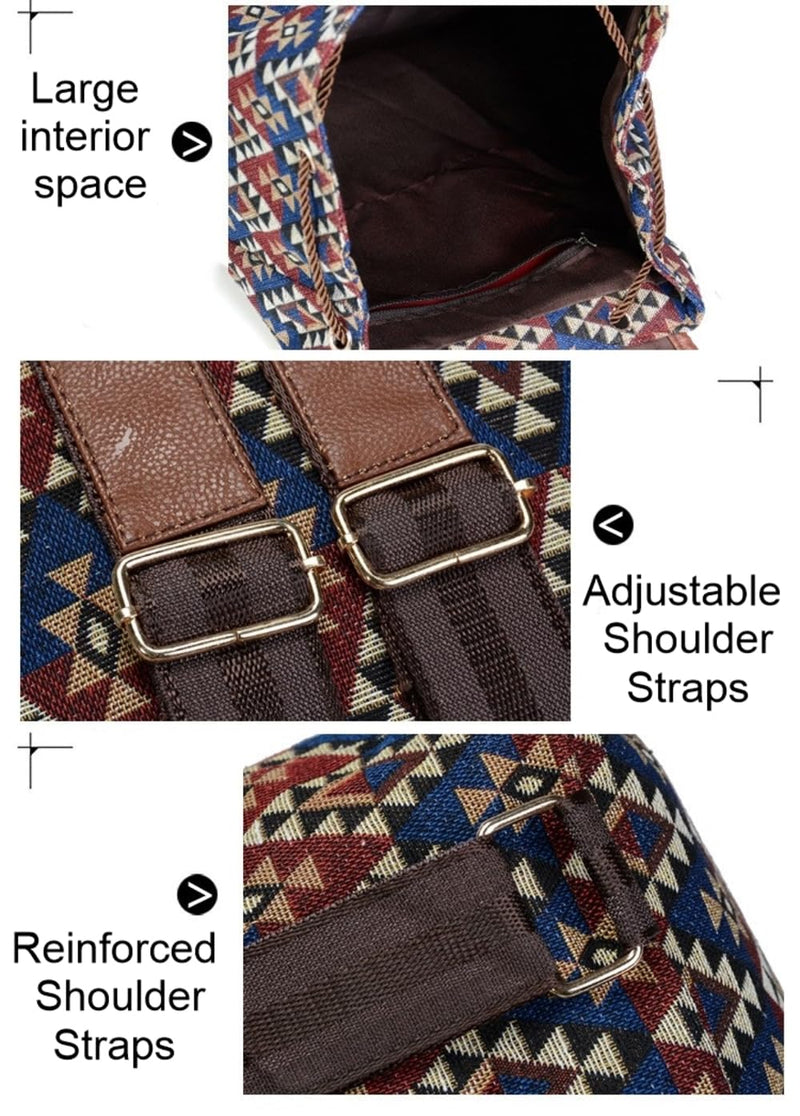 Zeollashop Hippie Canvas Women Backpack Purse- Boho Style Ethnic Drawstring Causal Double Shoulder Vintage Travel Daypack (Landscape), Large