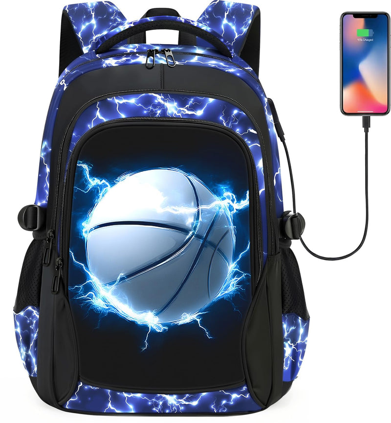 FRMARCH School Backpack for Boys - Basketball Boys Backpack for Kids Teens Elementary Middle School，18" Large Capacity Waterproof Bookbag with Usb Charging Port, Travel Daypack for age 6-18