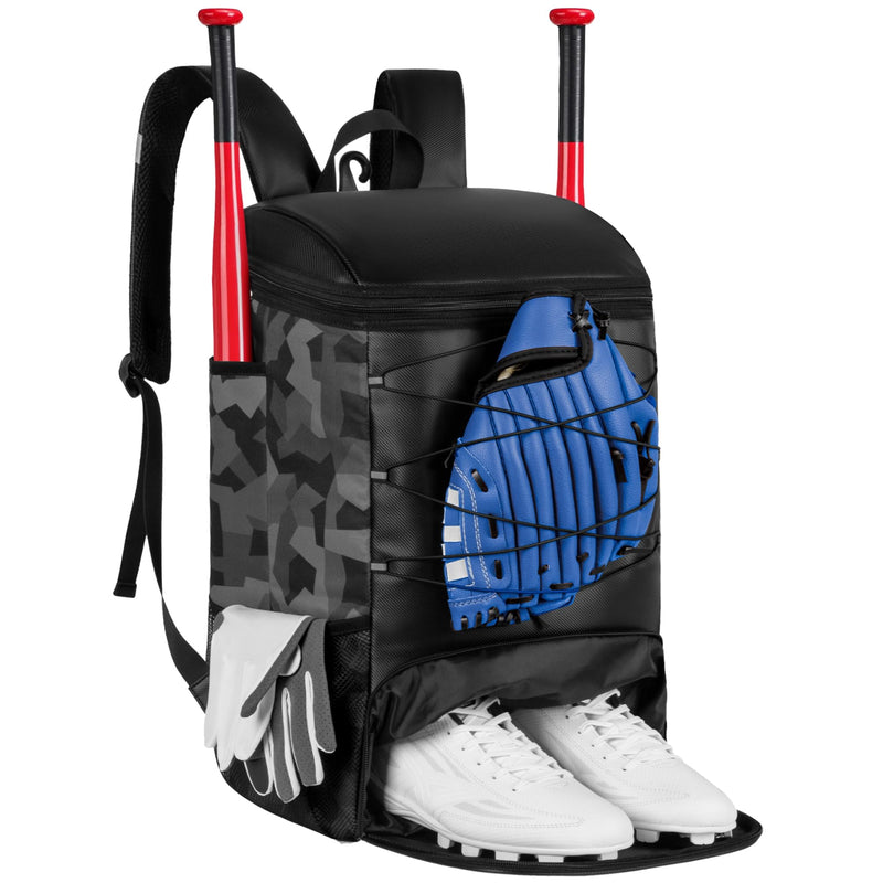 BIAOTN Youth Adult Baseball Bag, Large Sports Tball Backpack for Kids Boys and Girls, Multi-Functional Equipment Bags for Baseball, Softball, Tee Ball, Gym, Travel, Hunting (Black+Camouglage)