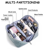 BOYATU Travel Makeup Bags Cosmetic Organizer Bag: 3 Pcs Set Large Capacity Floral Make up Bag with Compartments - Waterproof Leather Toiletry Bags with Handle for Women (01-Light Blue)