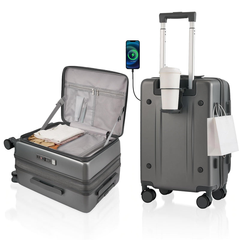 ISLAND ELEPHANT Expandable 20Inch Carry On Luggage Airline Approved - Top Opening Hardside Travel Suitcase Unbreakable -with Cup Holder,USB Charge,Side Pothook, 360°Spinner Wheels, TSA Lock-Grey