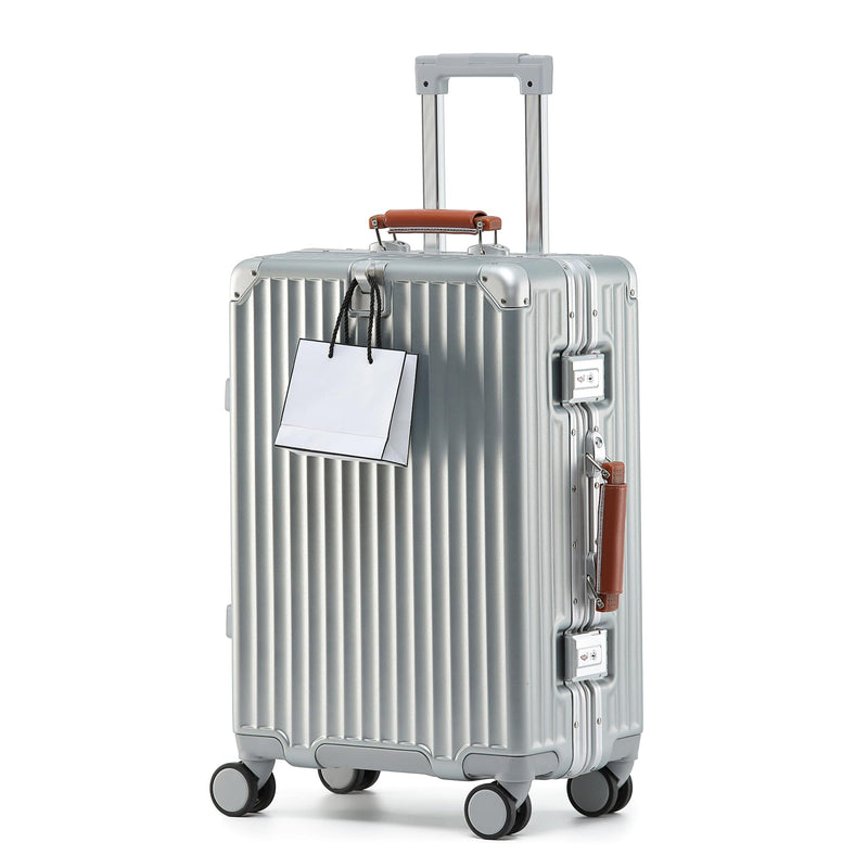 26 Inch Hardside Checked Luggage with Leather Handle, PC Zipperless Suitcase with Spinner Wheels and TSA Locks, Lightweight Checked Luggage for Travel, Silver