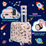 Kids Ride-On Suitcase with Cute Ears, DIY Graffiti Coloring Design, 20" Carry-On Luggage with 4 Spinner Wheels, Pull Rope & Combination Lock – Rideable Travel Case for Toddlers & Children(Pink)