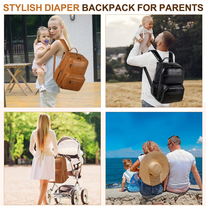 VASCHY Diaper Bag Backpack for Mum Dad, Unisex Large Waterproof Vegan Leather Baby Bag with Changing Pad,Insulated Pockets,Padded Laptop Sleeve for Travel,Black