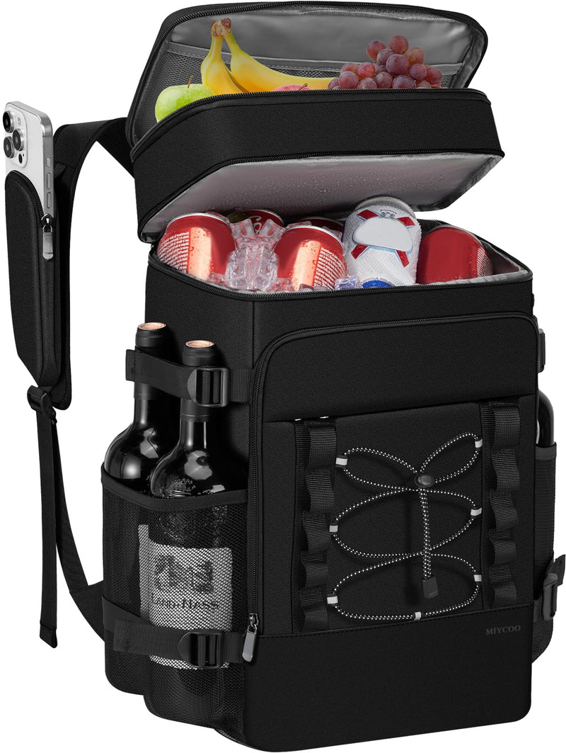 MIYCOO Cooler Backpack - 40 Cans Insulated Backpack Cooler for Men & Women, Portable 2 Leak Proof Compartments Coolers Bag for Beach Travel Picnic Lunch Hiking BBQ Camping, Black, 28L