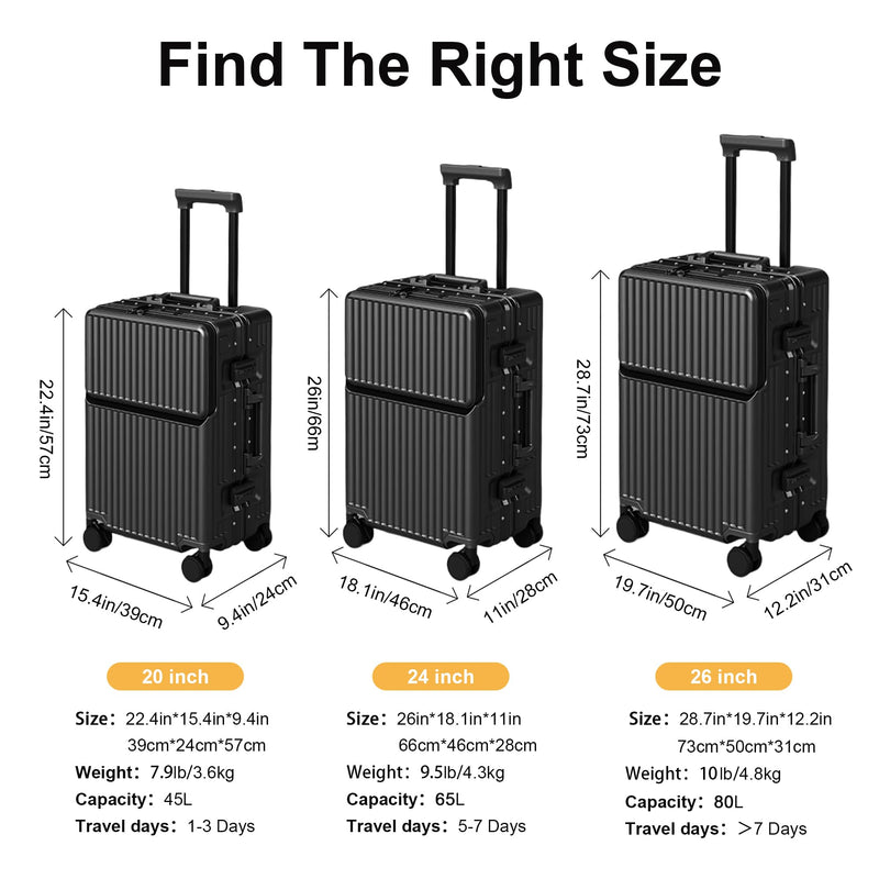 2-Piece Hardshell Zipperless Luggage Set, 20/26" Aluminum Frame Hardshell Spinner Luggage, Airline Approved Carry-On Luggage, TSA Lock, 360° Quiet Wheels With Cup Holder (Black)