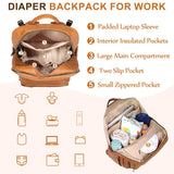 VASCHY Diaper Bag Backpack for Mum Dad, Unisex Large Waterproof Vegan Leather Baby Bag with Changing Pad,Insulated Pockets,Padded Laptop Sleeve for Travel,Brown