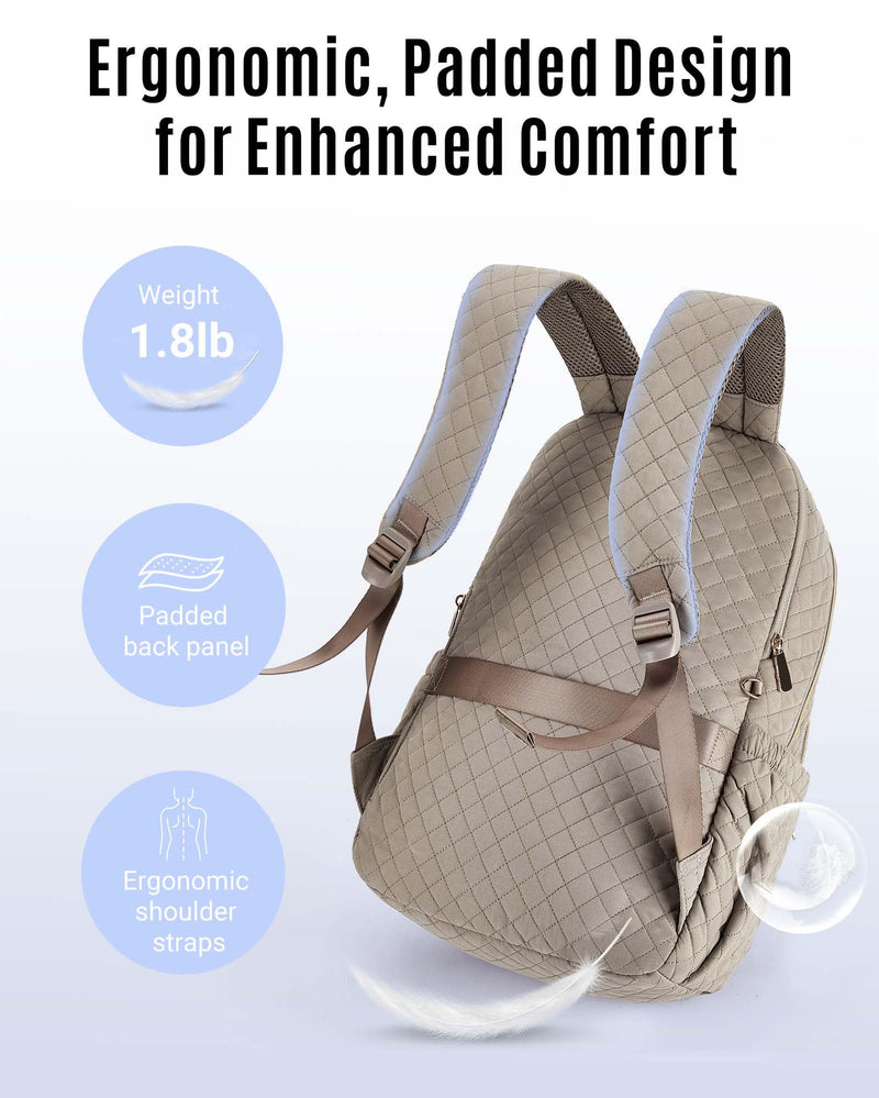 LIGHT FLIGHT Travel Laptop Backpack Women, 15.6 Inch Anti Theft Laptop Backpack with USB Charging Hole Water Resistant Casual Daypack Computer Backpack for Work, Warm Gray