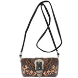 Western Style Tooled Buckle Studded Floral Women Country Backpack Bags Rucksack Daypack Biker Purse Matching Wallet Set (Coffee Set)