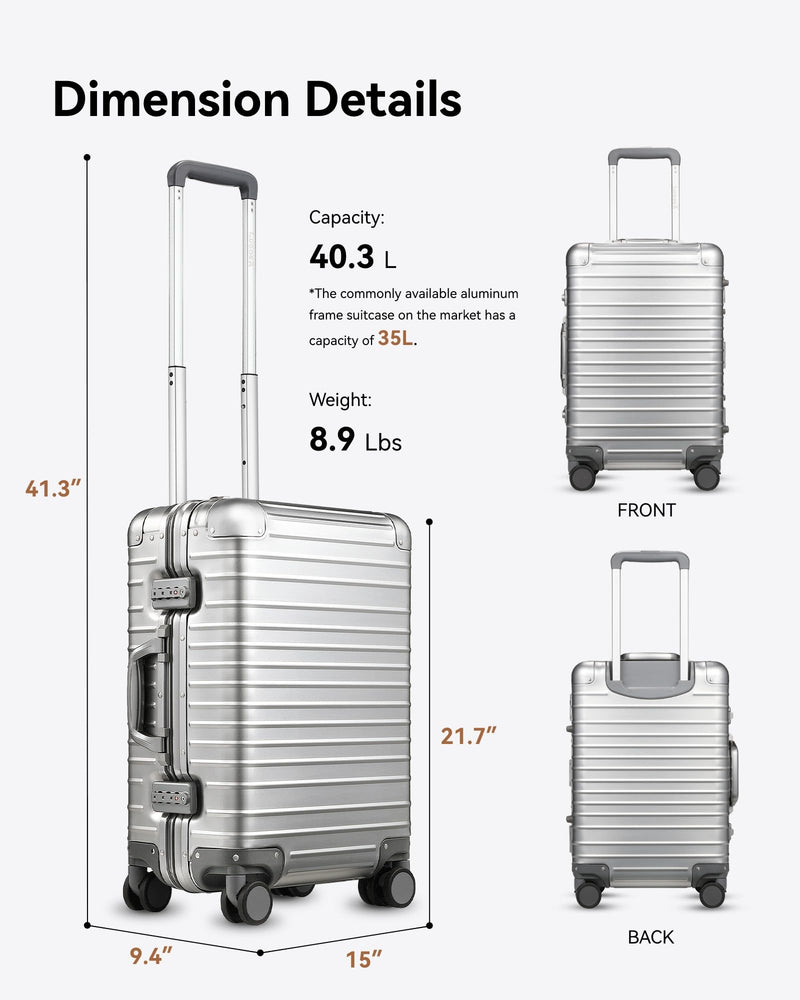 All Aluminum Carry On Luggage with Wheels, AV Zipperless Hardshell Suitcase with TSA Lock (ZX-Enhance, Silver, 20 Inch)