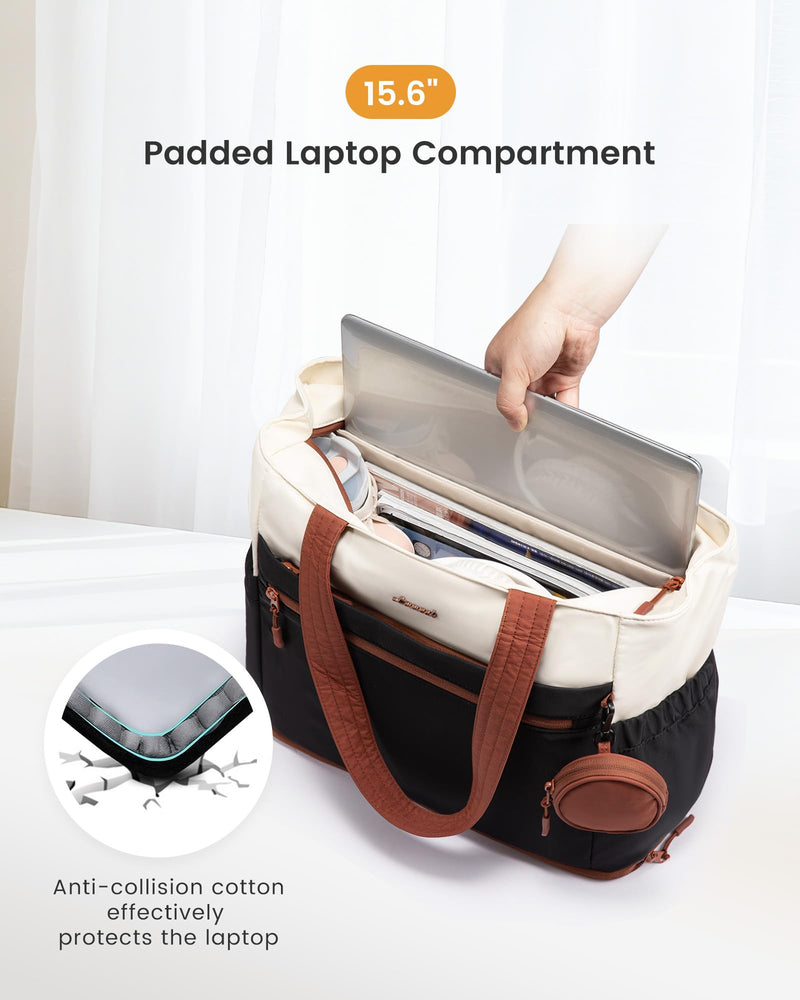 LOVEVOOK Tote Bag for Women, Expandable Laptop Work Bag 15.6 Inch, 33L Large Travel Handbag with 40oz Tumbler Holder, TSA, Chic Designer Style Contrast