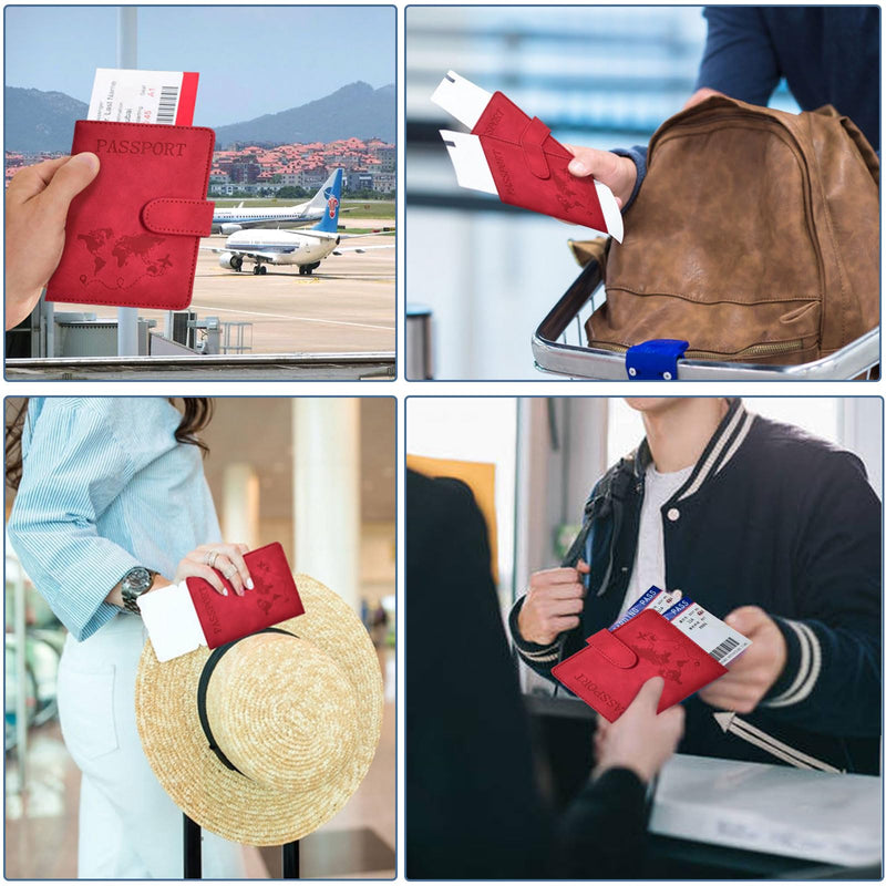 Passport Holder, Passport Cover with Credit Card Slot and Boarding Pass Slot Combo, Passport Wallet Case Book Travel Must Have, RFID Blocking Leather Travel Accessories, Red