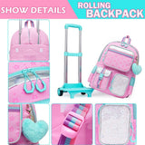 Meetbelify Backpack with Wheels for Girls Rolling Backpack Cute Carry on Backpack for Elementary Student