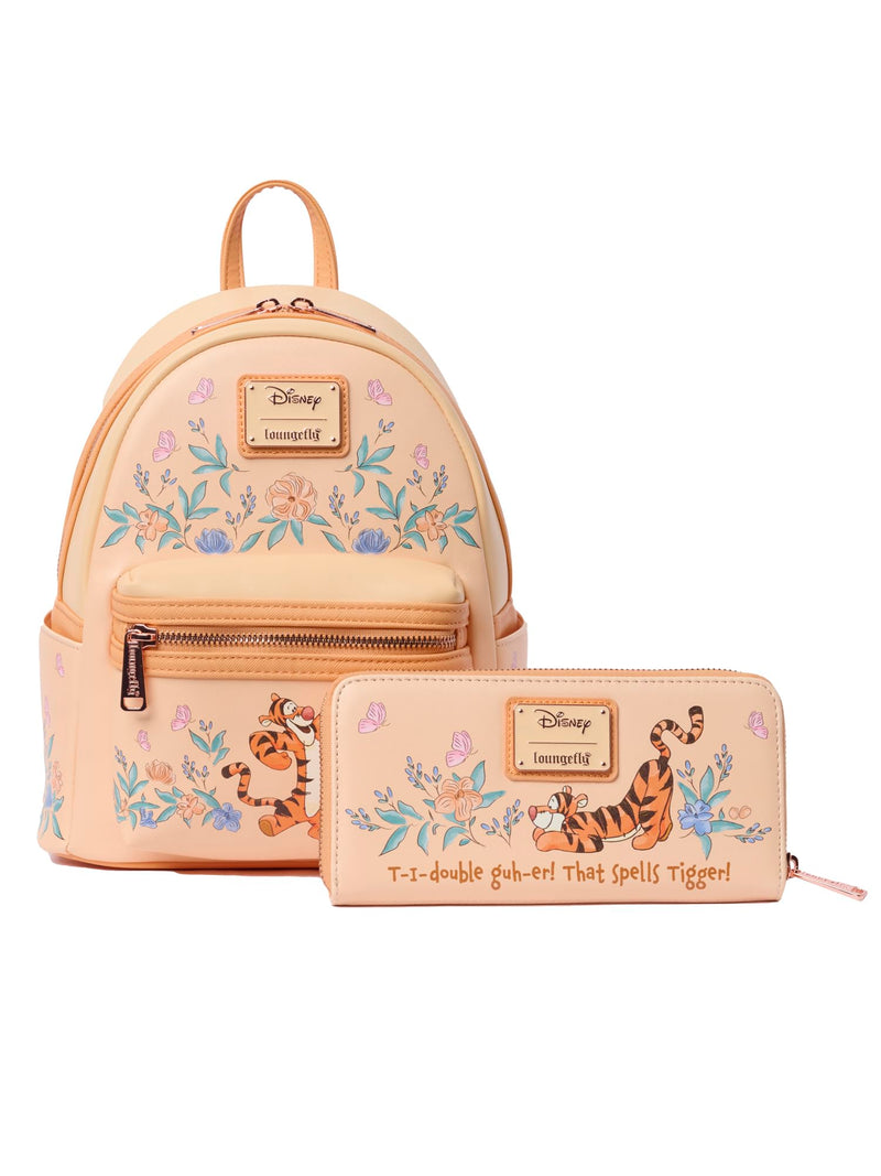 Loungefly Tigger Mini Backpack Handbag Floral Print Double Strap Shoulder Bag (Peach, Tigger)