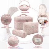 Gosect 3pc Makeup Bag Set, Quilted Makeup Bag Set, Large Floral Cosmetic Bag for Women, Cute Cotton Makeup Bags, Flower Travel Toiletry Organizer Bag (Pink Crushed flower)