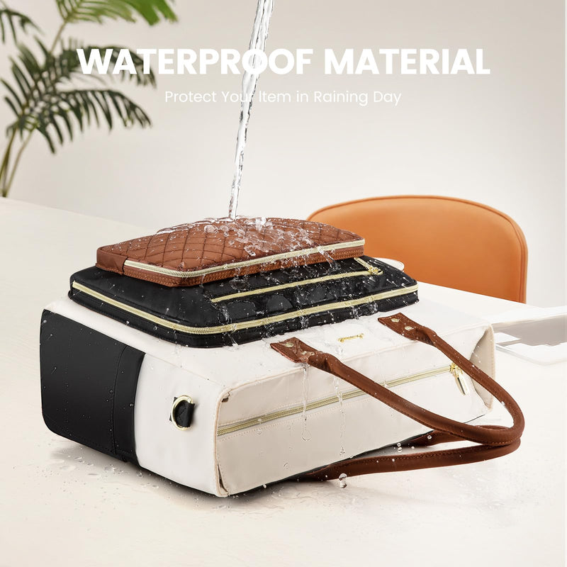 LOVEVOOK Teacher Tote Bag for Women Work, Laptop Bag With Large Cup Holder, Nurse Bags Professional Briefcase Business Computer Purses Bible Handbag Gifts, Black-Beige-Brown, 15.6 Inch