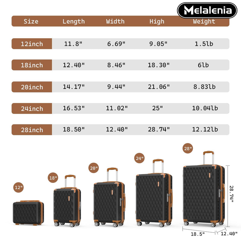 Melalenia Luggage Sets 7 Piece Suitcase Set, Hard Shell Carry on Luggage Travel Suitcases with Spinner Wheels and TSA Lock, Lightweight Luggage Set for Women, Black Brown