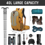 UtiaMiaoGonGo Hiking Backpack 40L, Camping Backpackwith Rain Cover, Waterproof Large Outdoor Sport Travel Daypack for Men Women, Yellow
